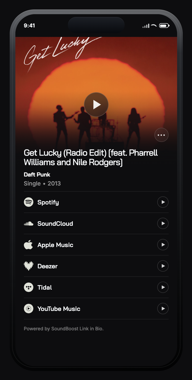 The live preview of a release page: square cover art with a play button, track and artist name, release facts, and a column of platform buttons
