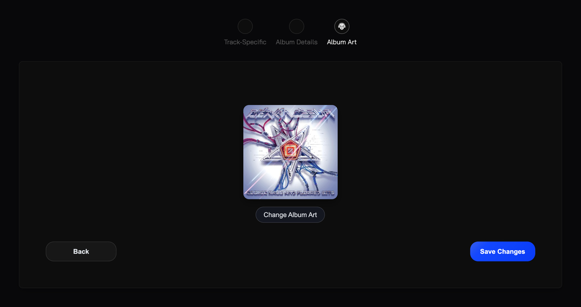 The Album Art step with a cover image dropped in, cropped square, and the Change Album Art button
