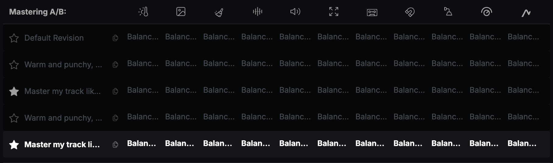The Mastering A/B list with several revisions, each row showing the values of every Revision Suite option