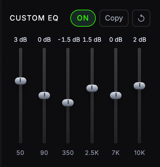 The Custom EQ panel switched on with the 50, 2.5K and 10K bands raised and the 350 band cut