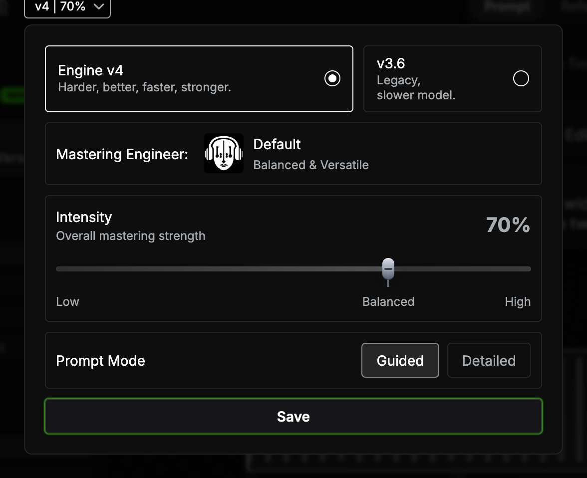 The engine popover with Engine v4 (Harder, better, faster, stronger) and v3.6 (Legacy, slower model)