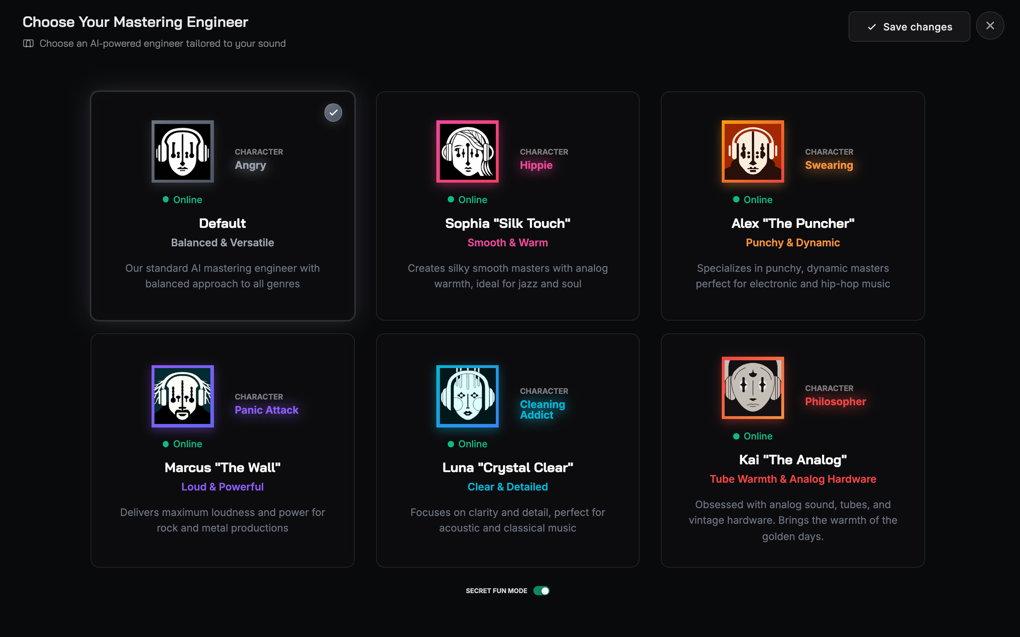 The engineer picker with Secret Fun Mode switched on, each card now showing a character trait