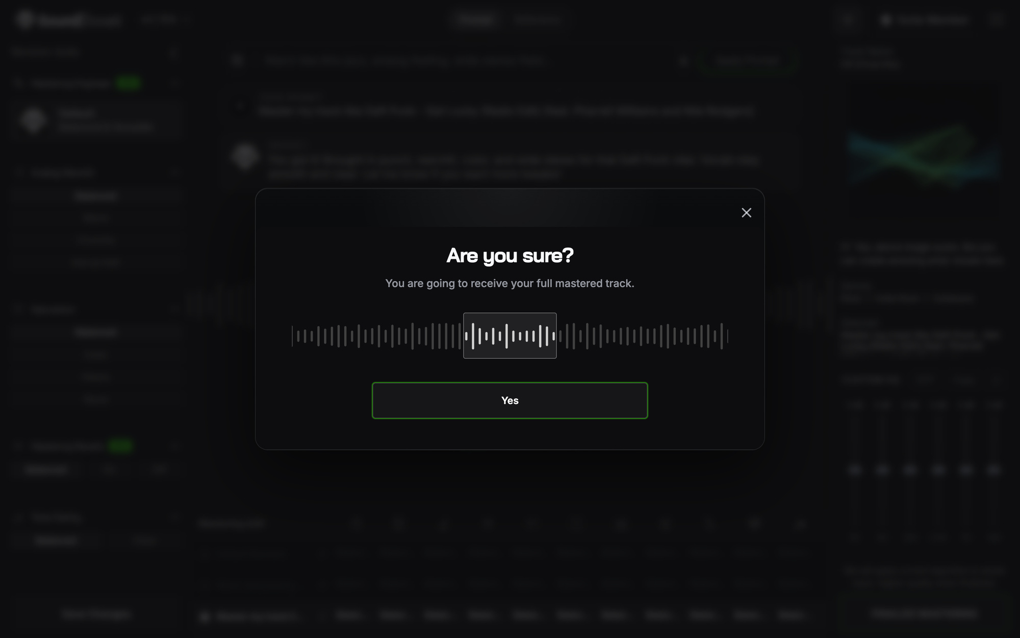 The Are you sure? dialog before finalizing, with a waveform and a Yes button