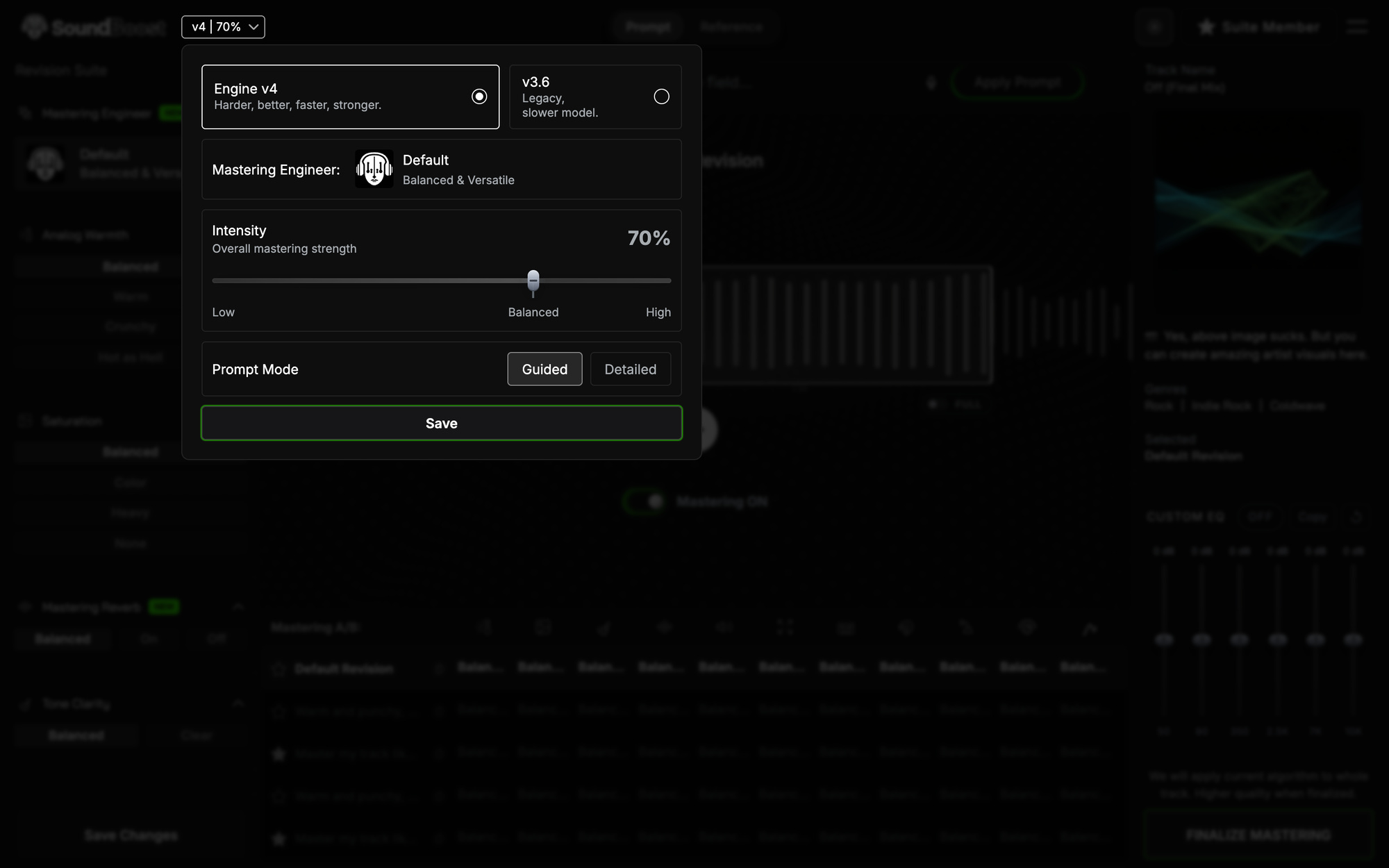 The engine popover zoomed in, showing the Intensity fader with Low, Balanced and High markers and the percentage readout