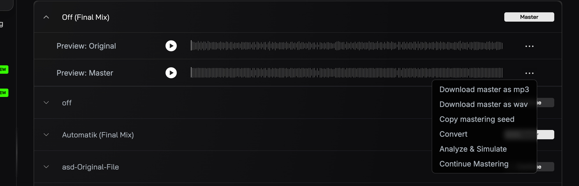 The Projects page with a finalized track expanded and the master row menu open: Download master as mp3, Download master as wav, Copy mastering seed, Convert, Analyze & Simulate, Continue Mastering