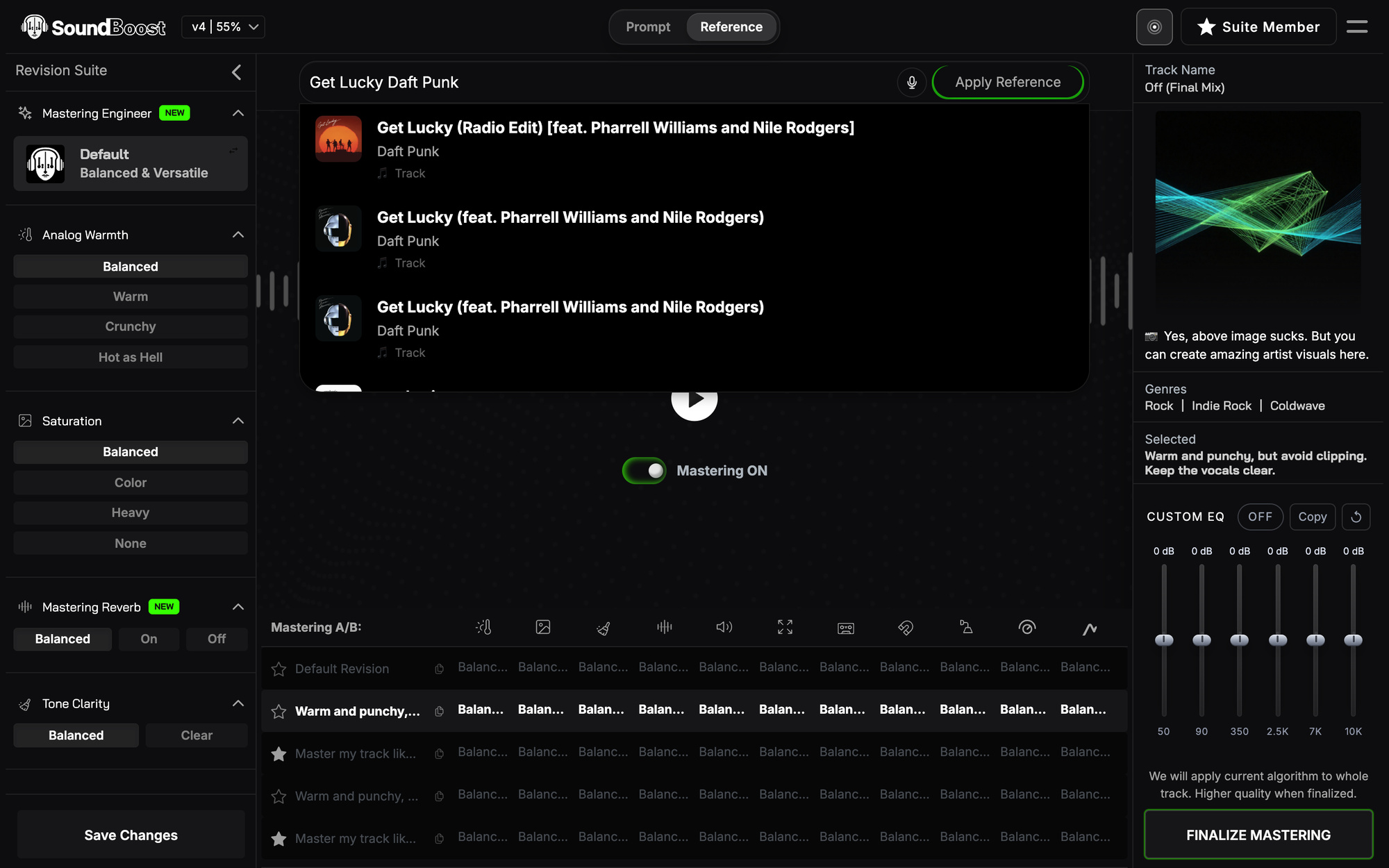 The Reference search field with results for Get Lucky by Daft Punk, each tagged as a Track