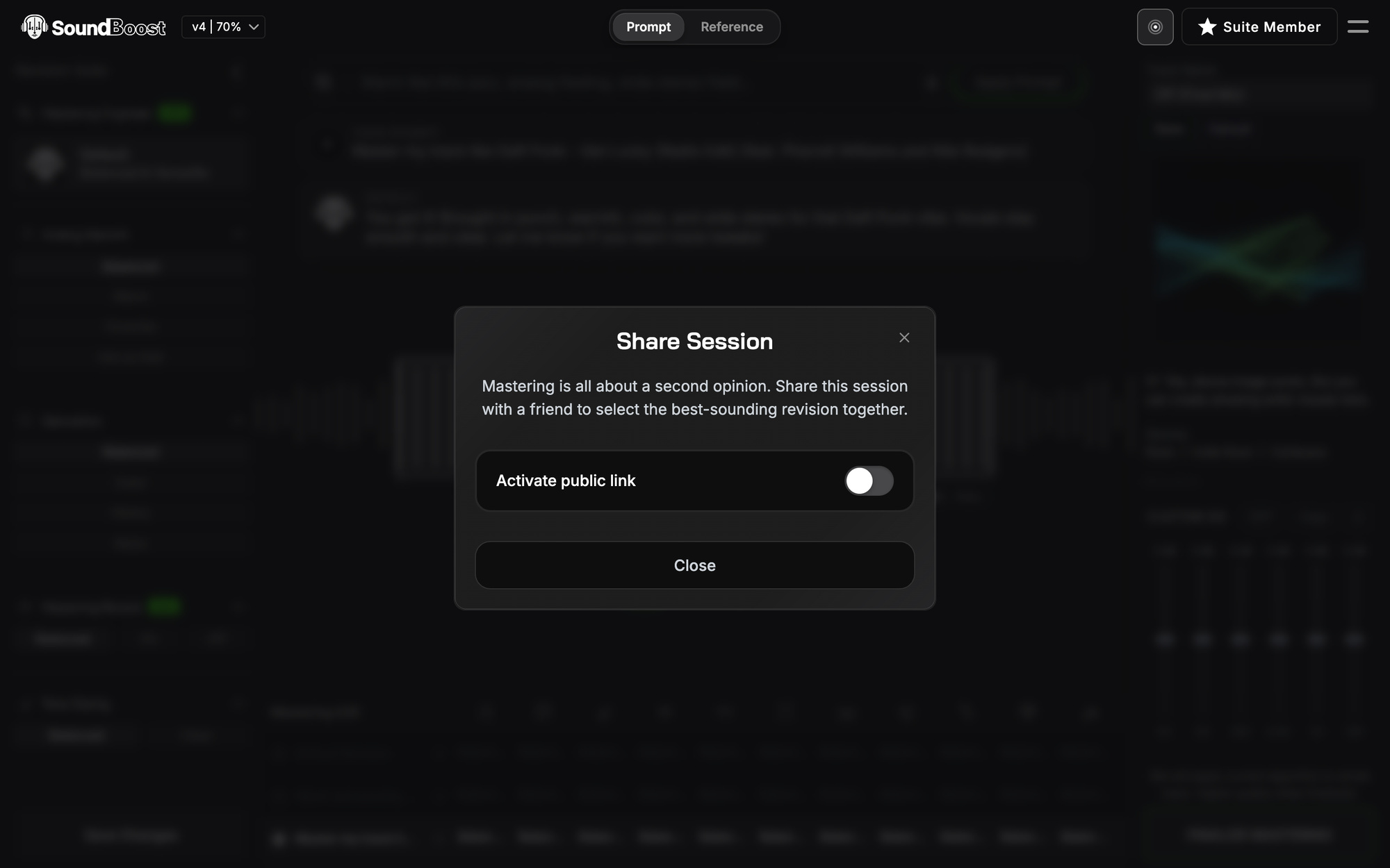 The Share Session dialog with the Activate public link switch