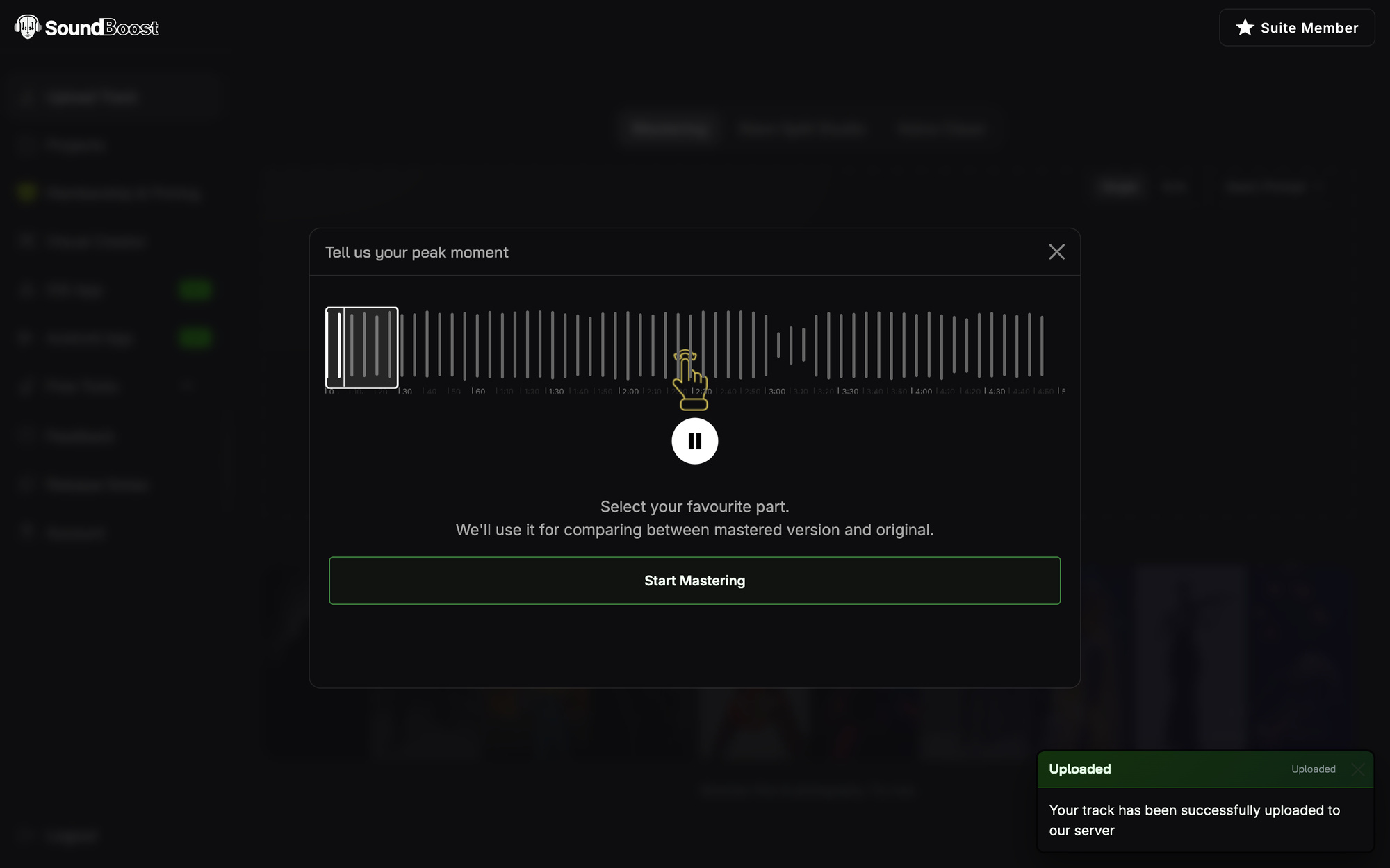 The Tell us your peak moment dialog with a waveform, a draggable 30 second window and the Start Mastering button