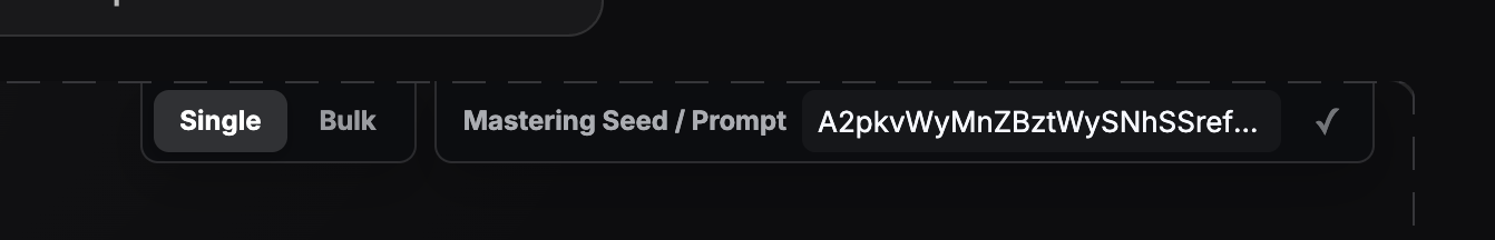 The Mastering Seed / Prompt field opened above the upload card with a mastering seed pasted in