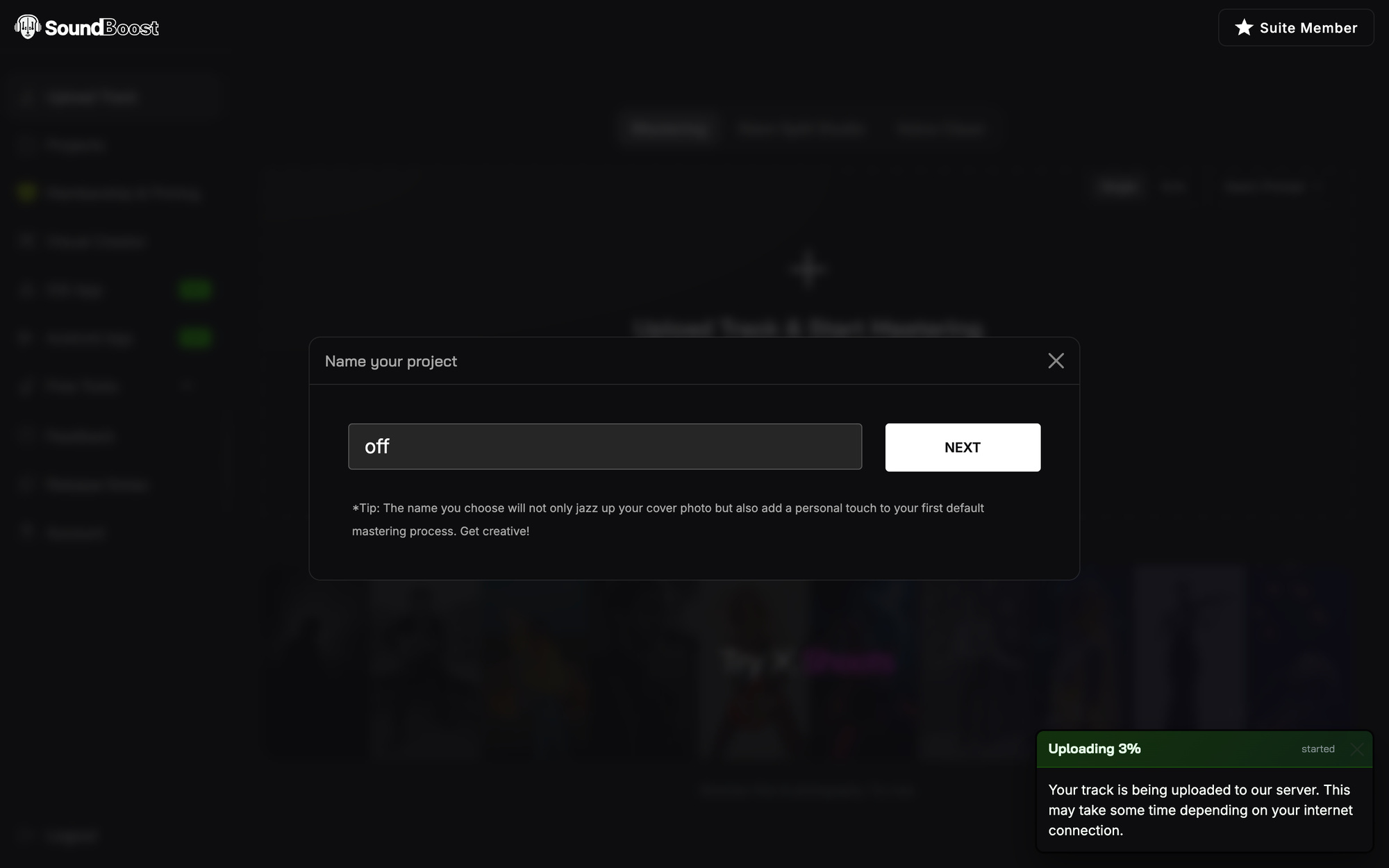 The Name your project dialog with a text field and a NEXT button