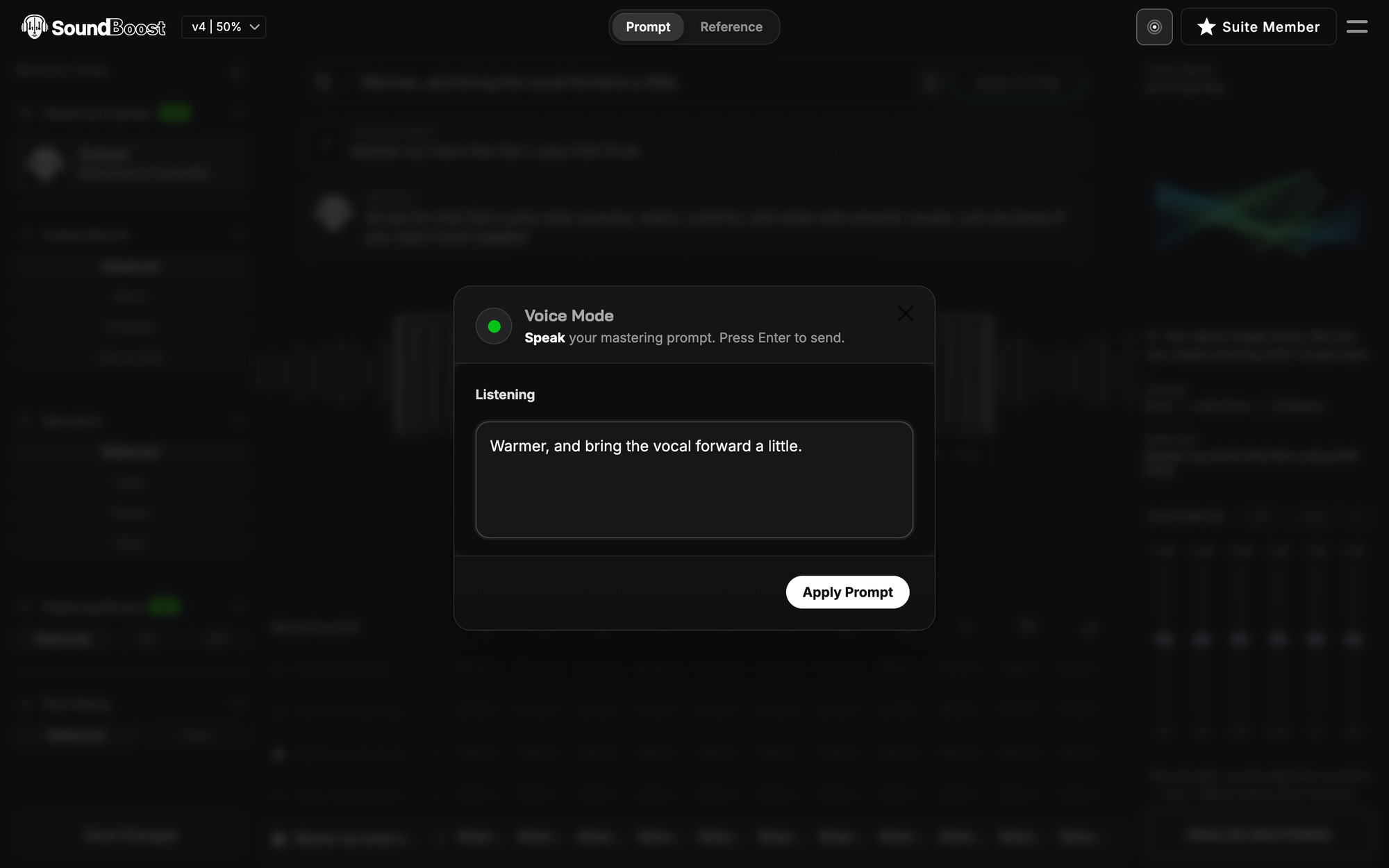 The Voice Mode window in the Listening state with a spoken prompt transcribed into the text box