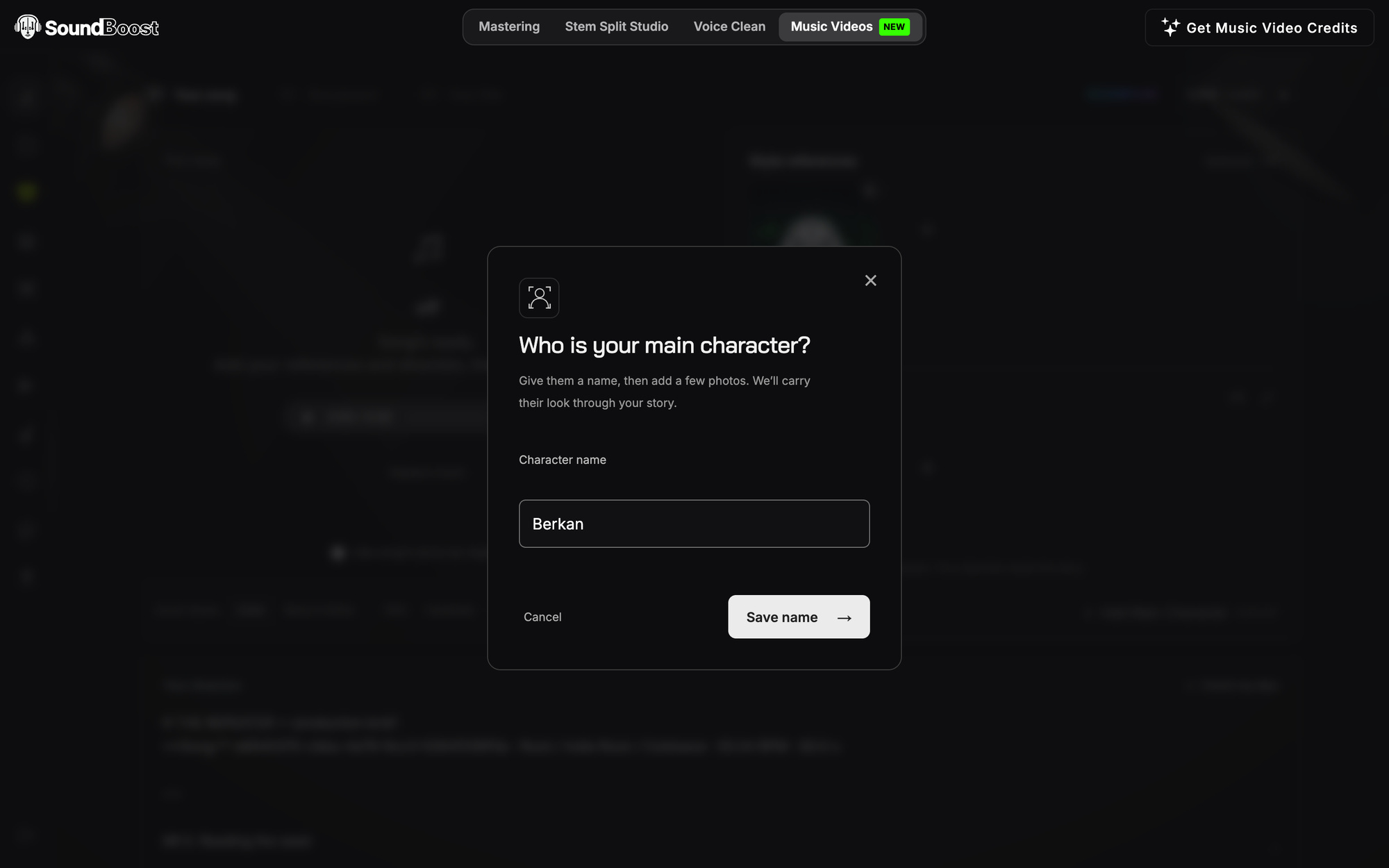 The Who is your main character? dialog: a name field with the placeholder "A name for your story", a Cancel link and an Add character button