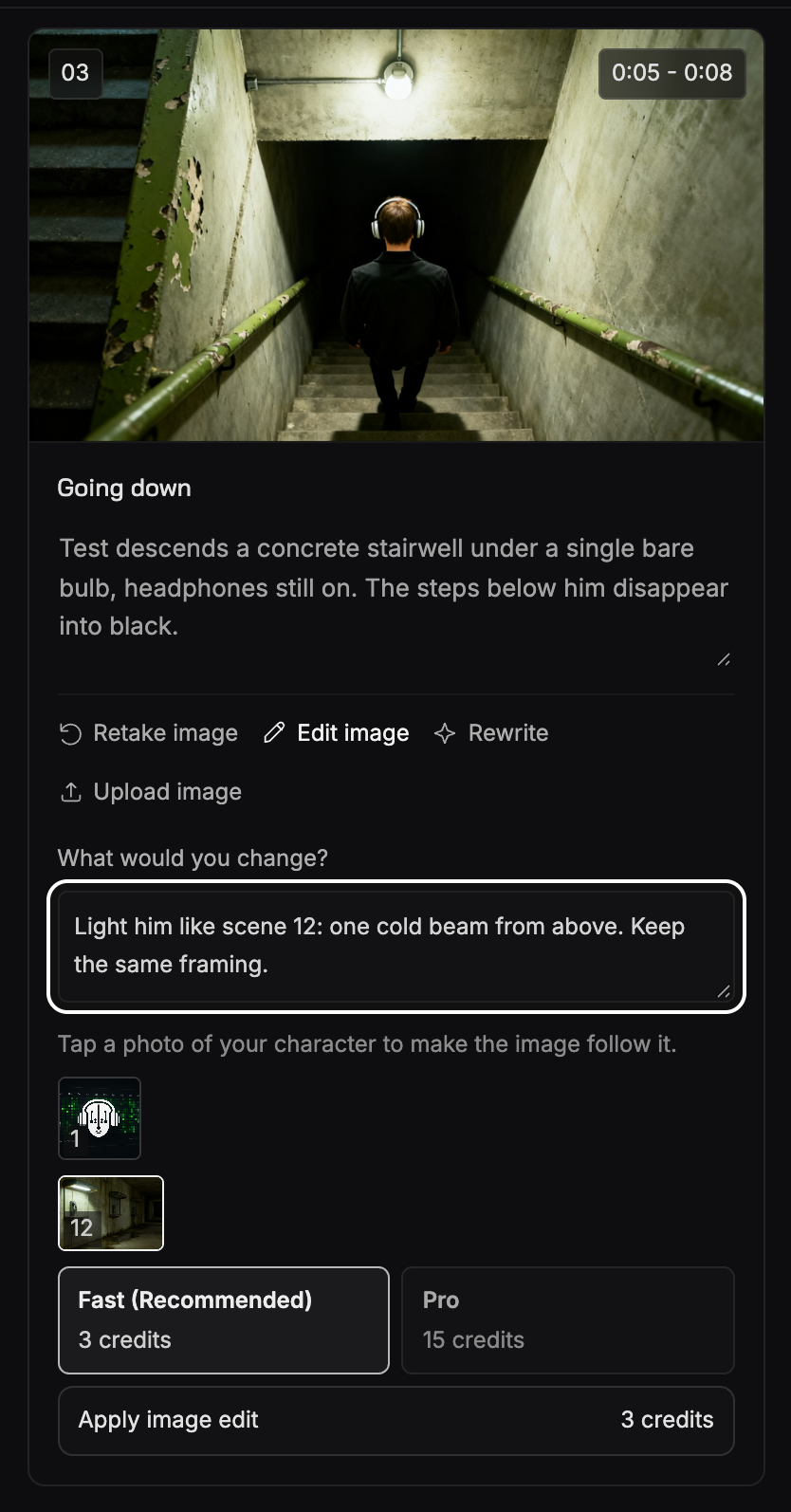 A scene card with the Edit image panel open: an instruction that mentions another scene, that scene’s frame shown as a small reference under the field, the Fast and Pro choice, and an Apply image edit button