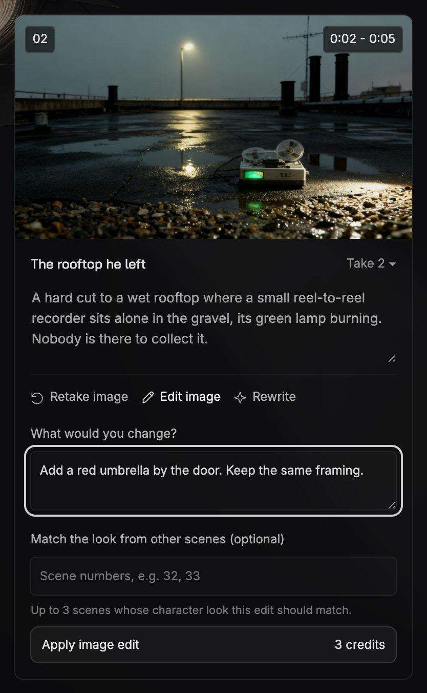 A scene card with the Edit image panel open: an instruction, a field "Match the look from other scenes (optional)" with "12, 13" typed in, two small reference frames shown beneath it, and an Apply image edit button