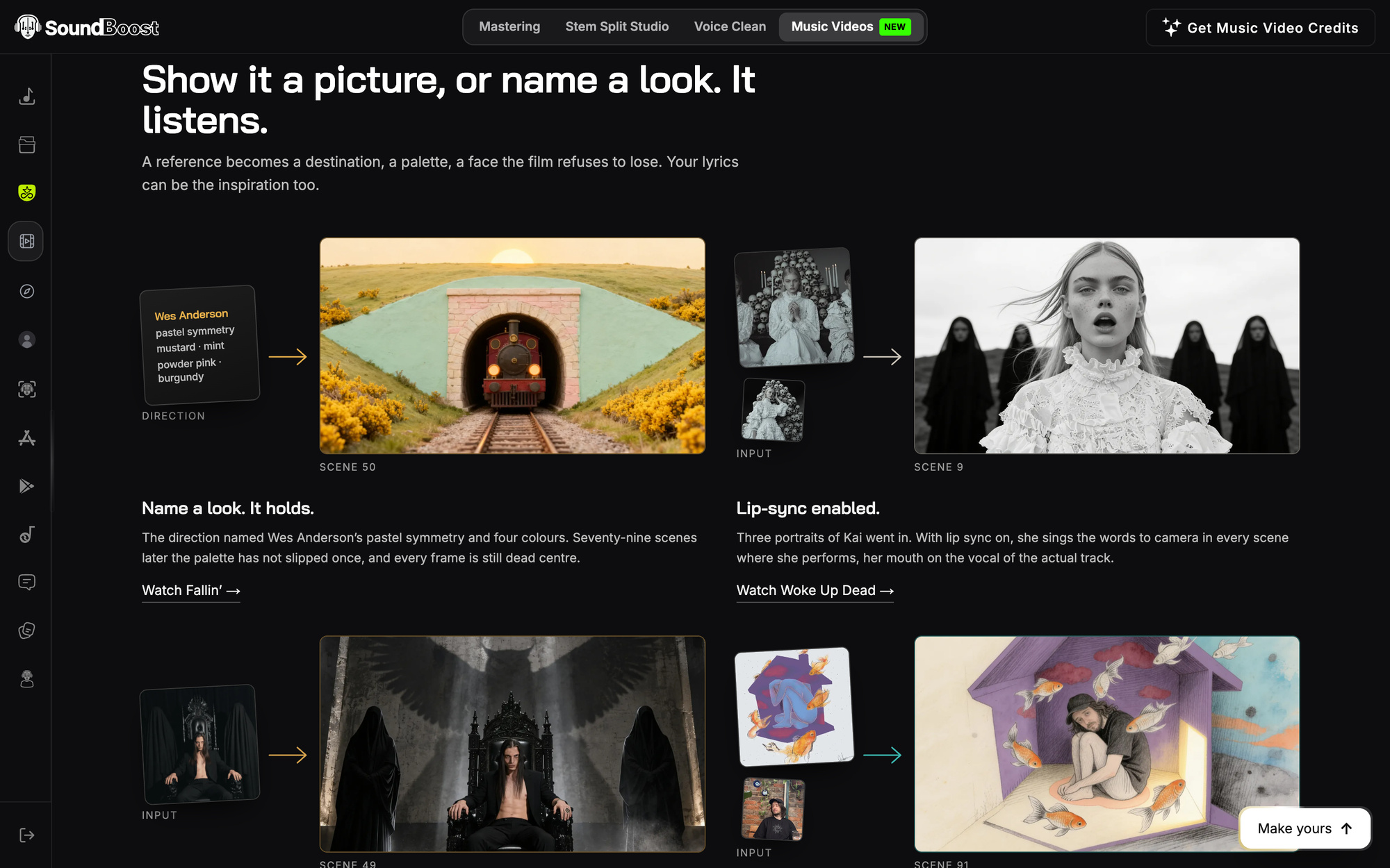 Input-to-output pairs under "Show it a picture, or name a look. It listens.": a direction card of named colours next to a pastel train tunnel; portraits of a singer next to her singing in a black-and-white scene; an album cover next to a throne scene; a drawing and a photo next to the artist drawn inside it