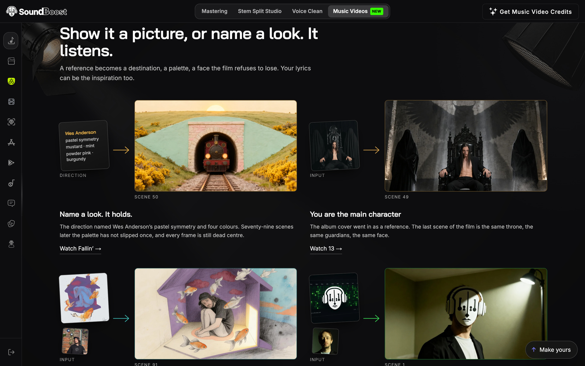 Four input-to-output pairs: a direction card of named colours next to a symmetrical pastel frame; an album cover next to a throne scene; a drawing and a photo next to a redrawn character; a logo and a portrait next to a man wearing the logo as a mask