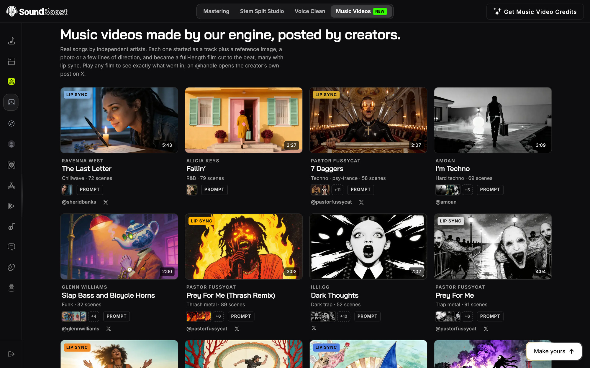 The Examples grid under the heading "Music videos made by our engine, posted by creators.": film cards with posters, Lip sync labels, makers, genres and scene counts, the input thumbnails, a Prompt tag and each maker’s @username