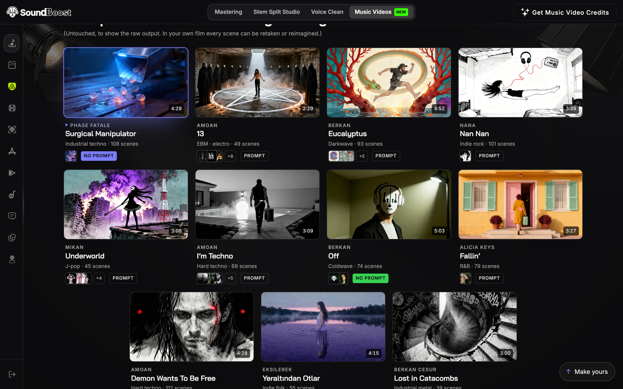The rail of example film cards: posters with titles, artist names, genre and scene counts, and the input thumbnails under each