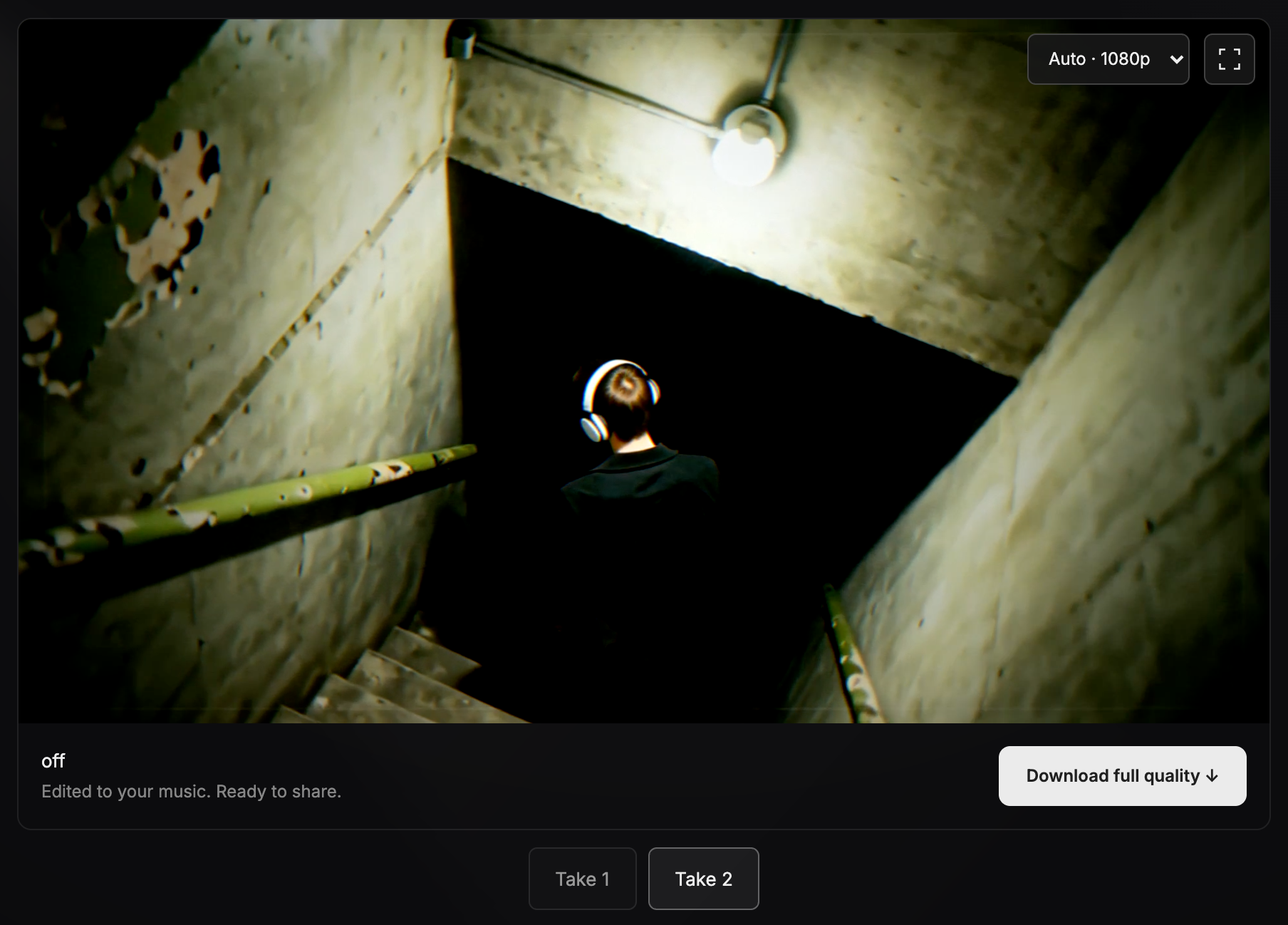 The finished film Off playing in the player, with an Auto · 1080p playback quality menu at the top right, the title, the line "Edited to your music. Ready to share." and a Download full quality button