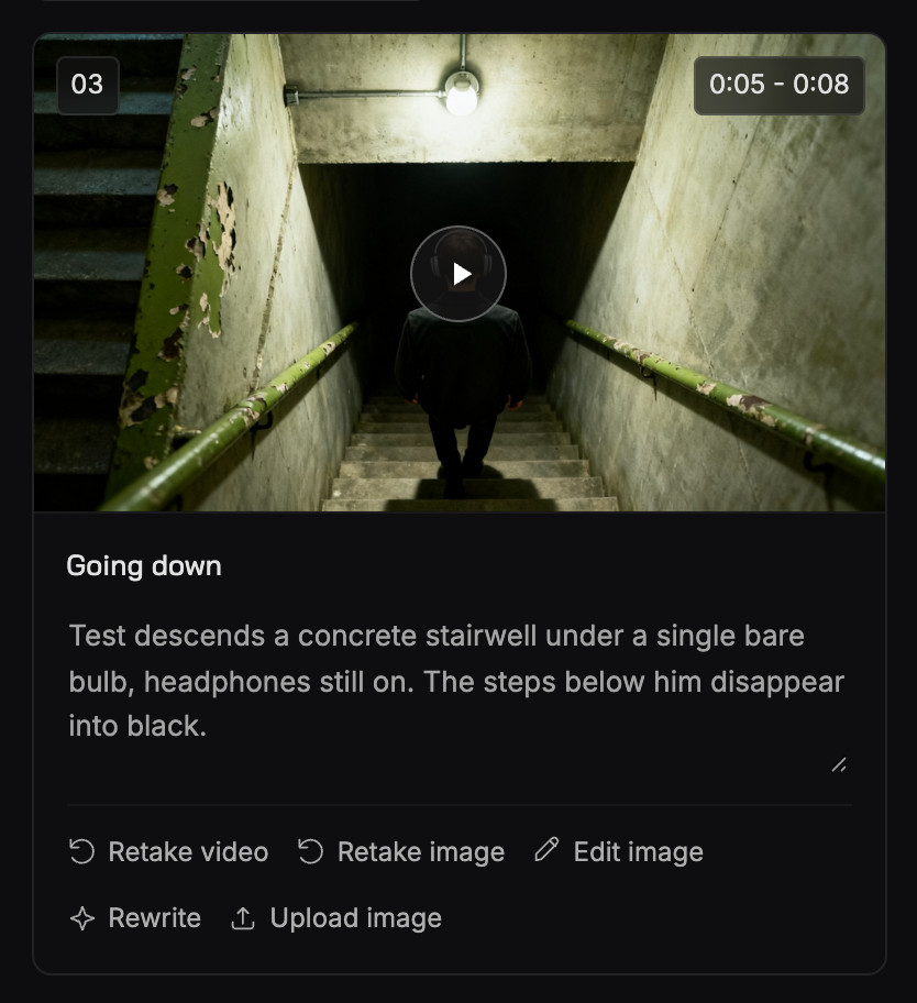 A scene card on the Your film step: the scene’s video take with a play button, the story text, and the Retake video, Retake image, Edit image, Rewrite and Upload image buttons