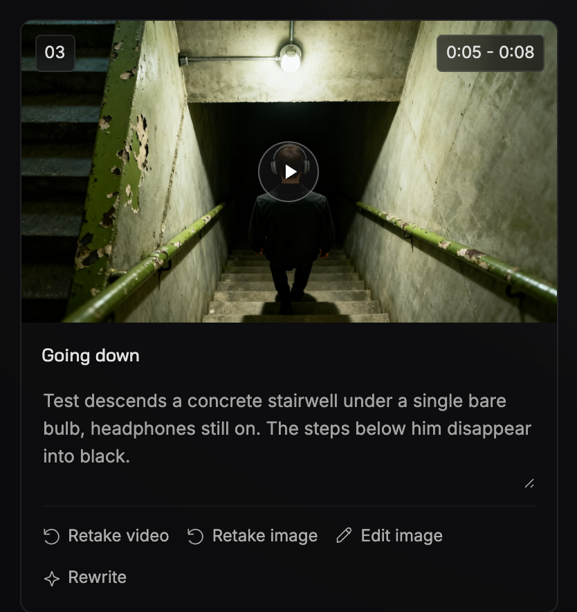 A scene card on the Your film step: the scene’s video take in place of the still, the story text, and the Retake video, Retake image, Edit image and Rewrite buttons