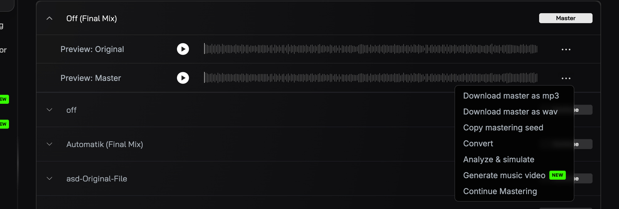 The Projects page with a finished master expanded and its menu open: Generate music video with a NEW badge sits above Continue Mastering