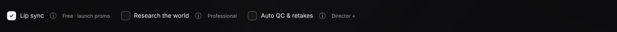 The options row under the direction on the Your song step: Lip sync with a Free · launch promo label, Research the world with a Professional label, and Auto QC & retakes with a Director + label, each with an info icon