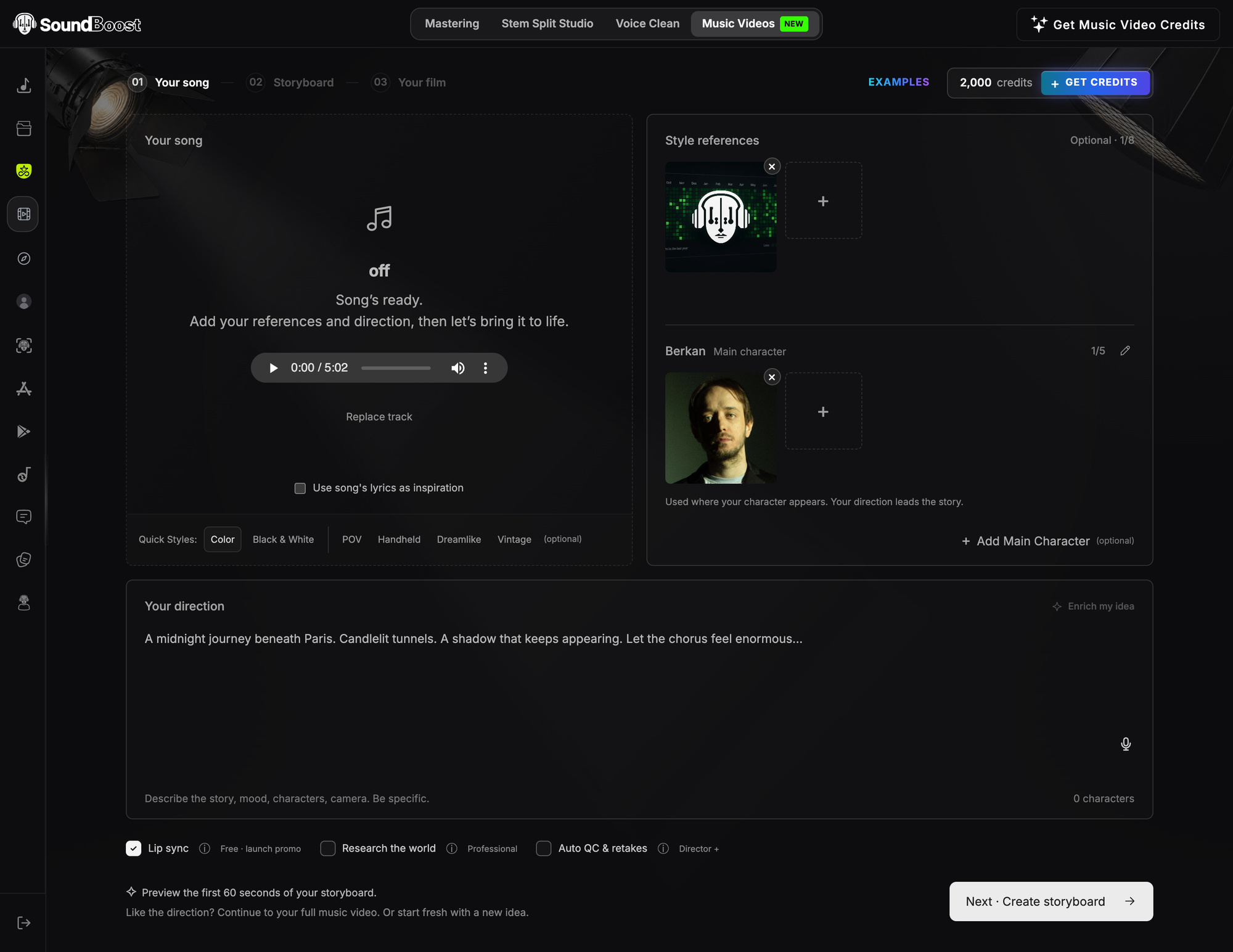 The whole Your song step filled in: the song card reading Song’s ready with a player, a style reference and a main character named Berkan on the right, the direction field and the options row below, and the footnote next to the Next · Create storyboard button