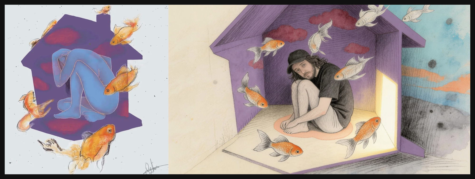Left: a scanned ink artwork. Right: scene 91 of Eucalyptus, the artist redrawn in the same ink and paper grain