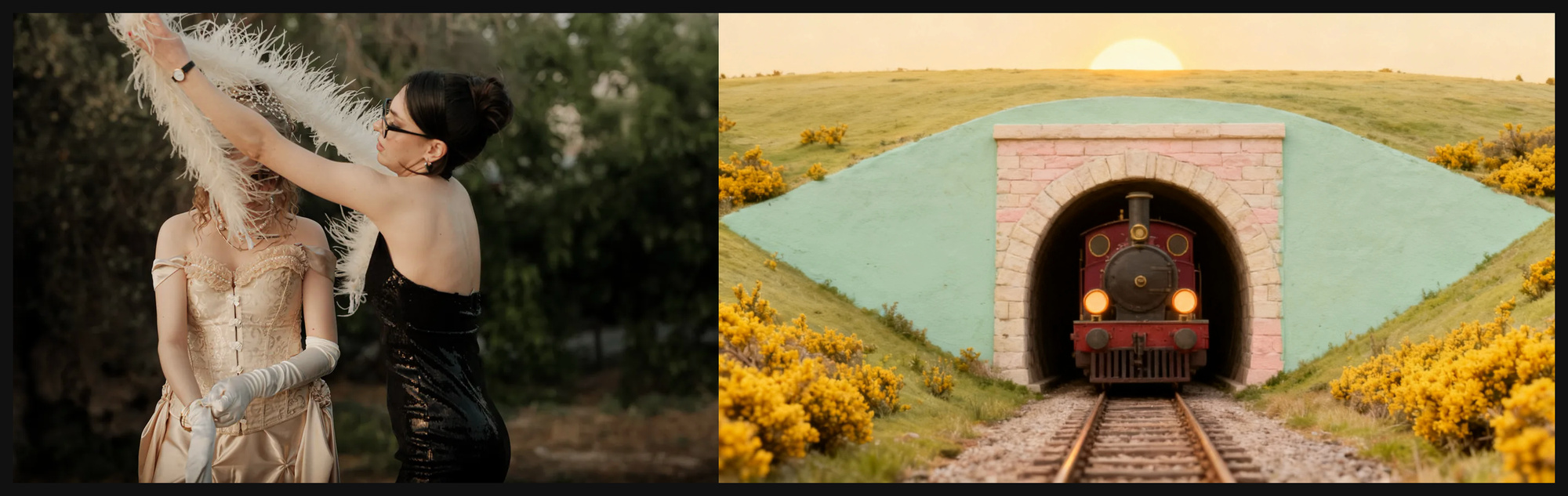 Left: a candid photo of a woman with glasses. Right: scene 50 of Fallin’, a symmetrical pastel frame in mustard, mint, pink and burgundy with the same woman at its centre