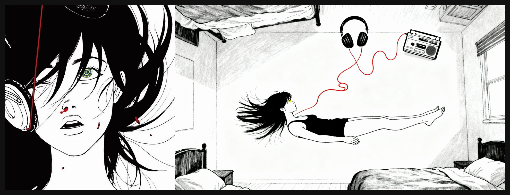 Left: the reference drawing of a girl with headphones and a drop of blood. Right: scene 91 of Nan Nan, the same girl floating above her bed in the same ink, headphones and cassette player drifting