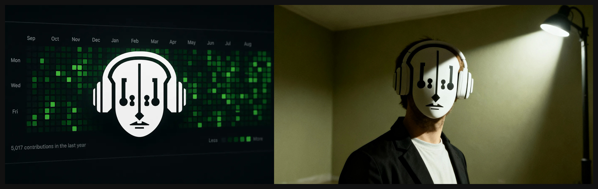 Left: a masked-headphones logo on a green contribution grid. Right: the first frame of Off, a man wearing that logo as a mask under a streetlamp, lit green