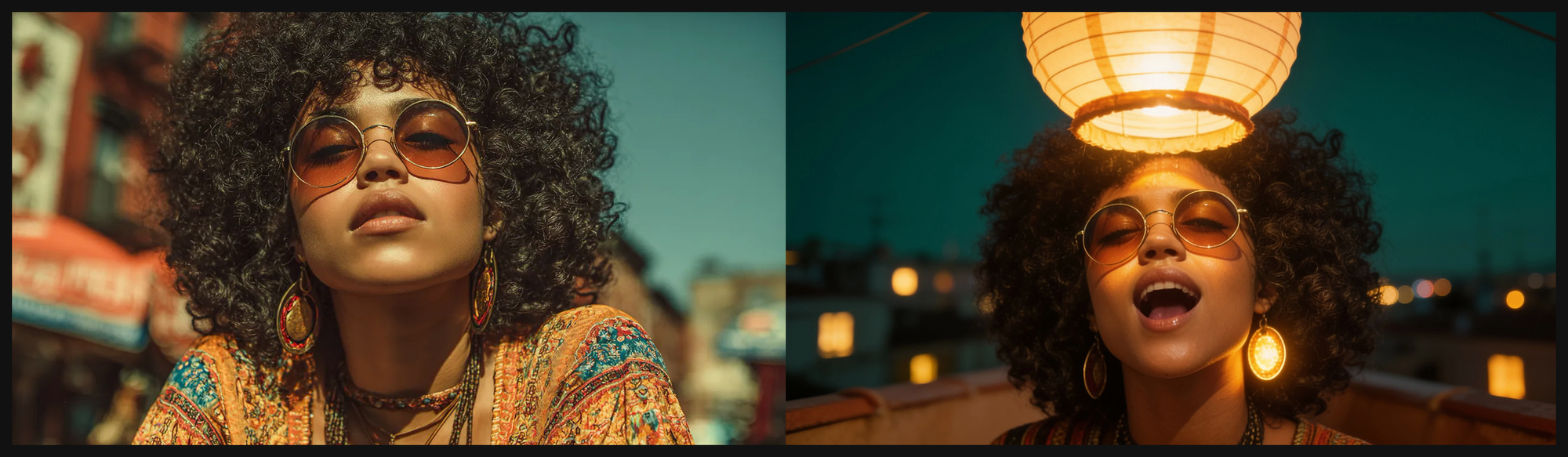 Left: a close portrait of a woman with curly hair and round sunglasses. Right: a scene from Somebody To Love, the same woman singing with her mouth open under a paper lantern on a rooftop at night