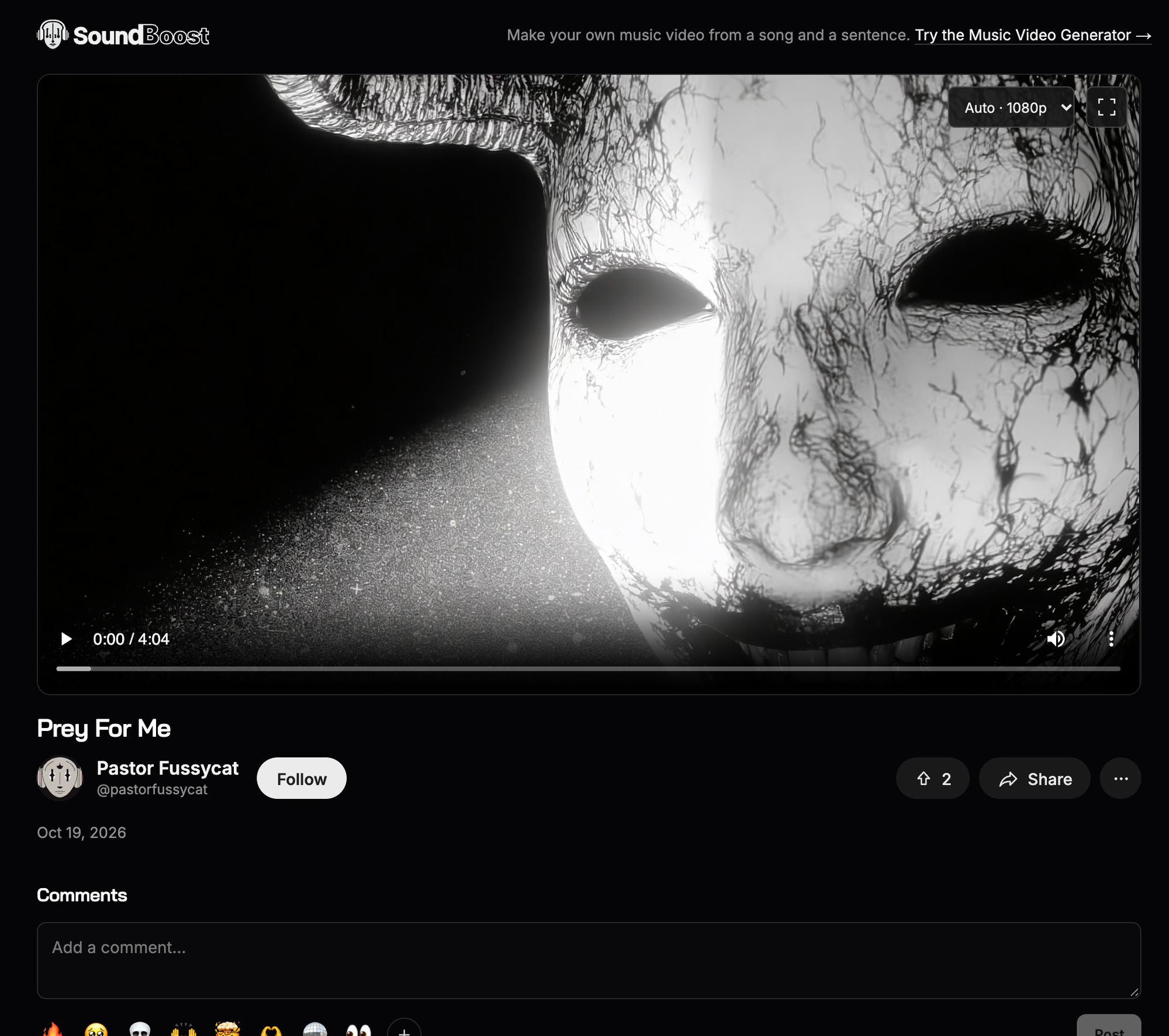 A published music video on its own page: the film large, its title, the musician with a Follow button, the upvote count, Share, and the comment box underneath