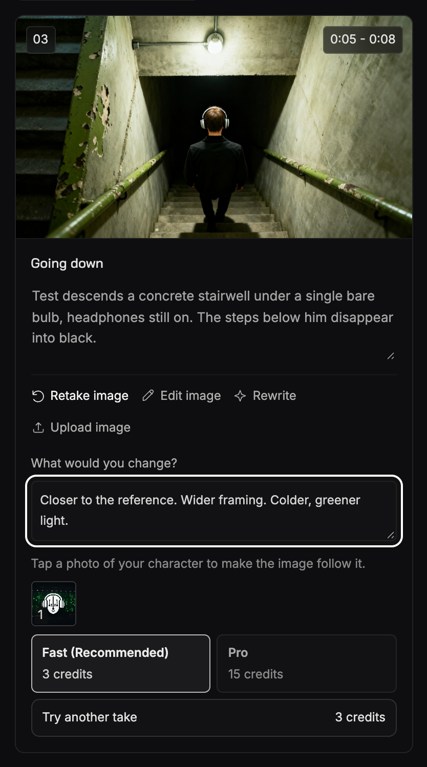 A scene card with the Retake image panel open: "What would you change?", a note typed in, the Fast and Pro choice with their prices, and a Try another take button