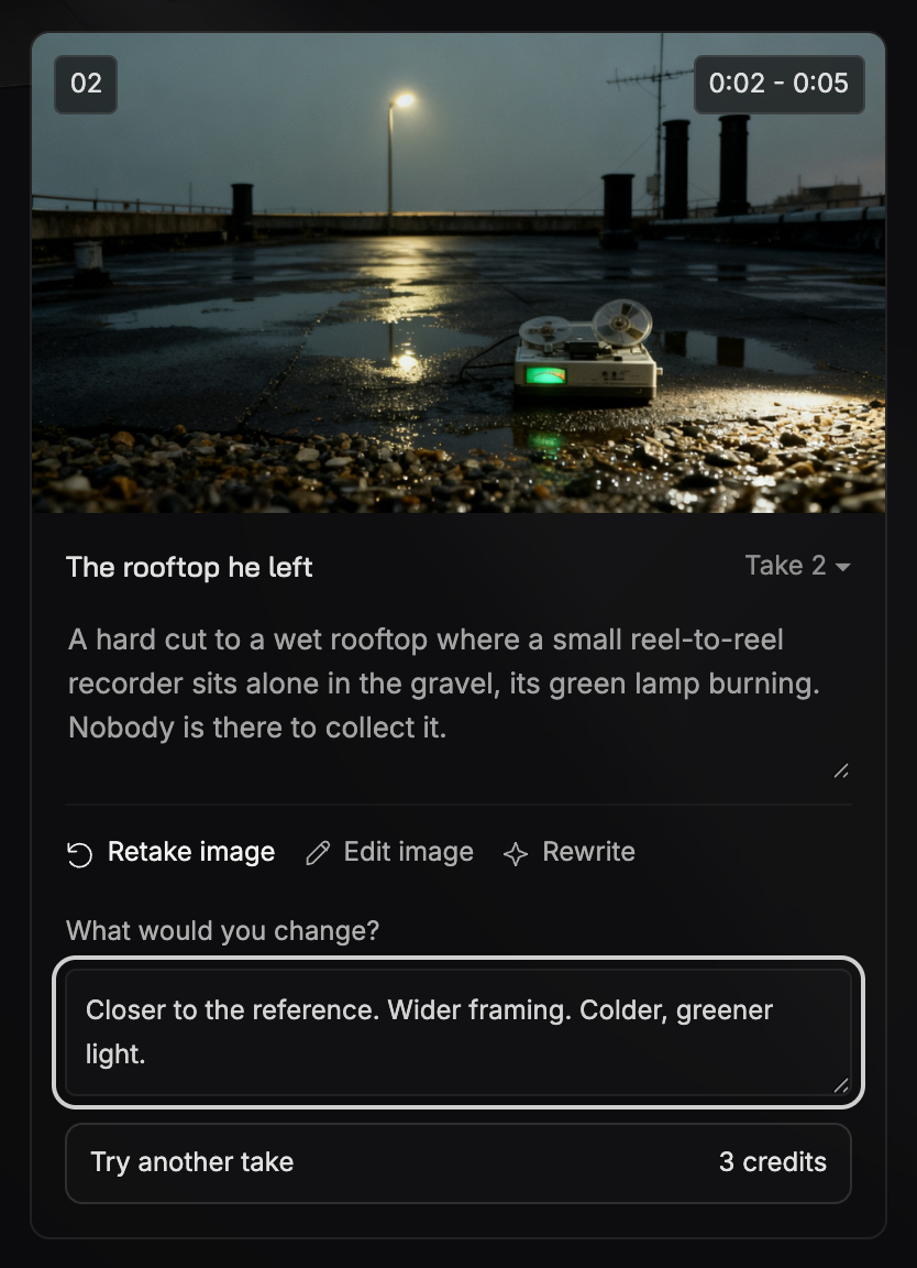 A scene card with the Retake image panel open: "What would you change?", an instruction typed in, and a Try another take button showing 3 credits