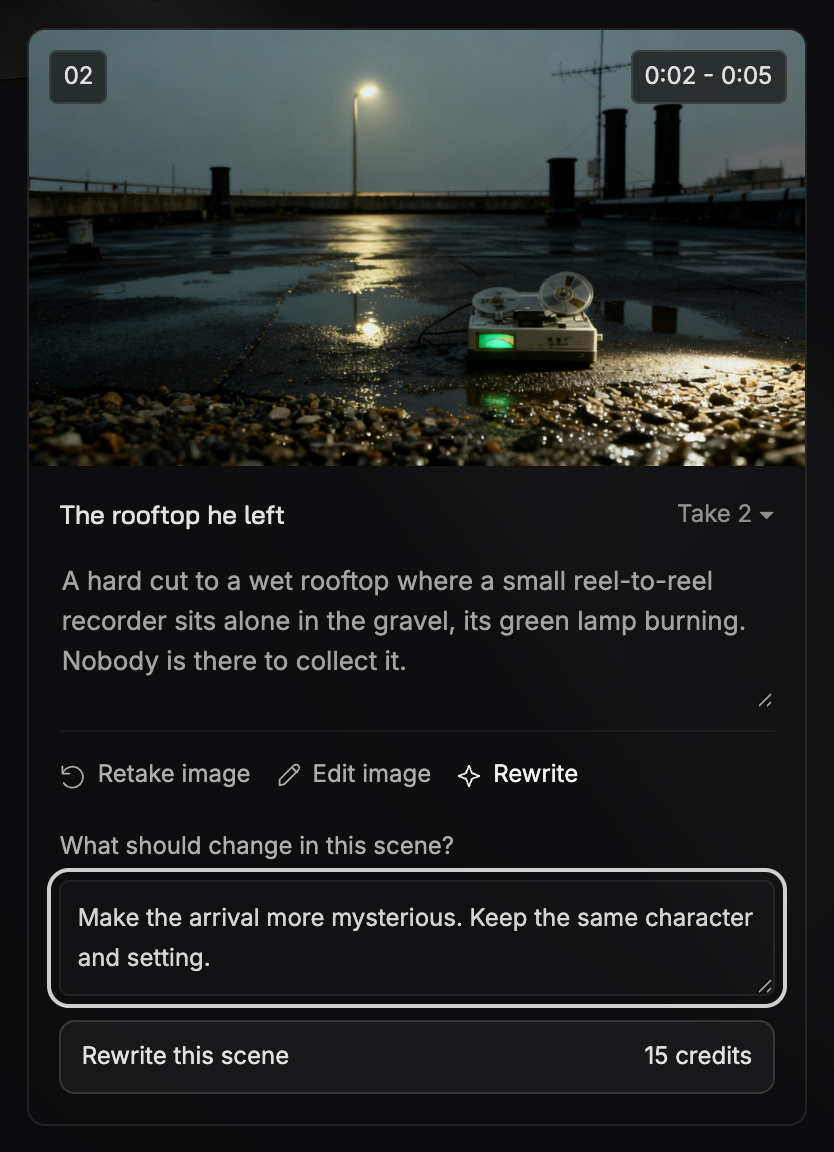 A scene card with the Rewrite panel open: "What should change in this scene?", an instruction typed in, and a Rewrite this scene button showing 15 credits