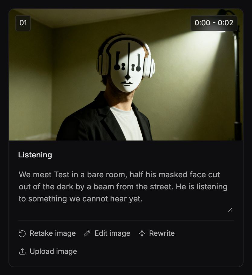 One scene card from Off: the still frame with the scene number and timecode over it, the scene title with its take menu, the editable story text, and the Retake image, Edit image, Rewrite and Upload image buttons