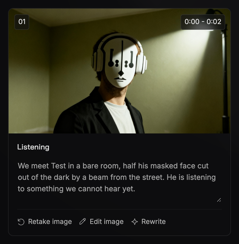 One scene card from Off: the still frame with the scene number and timecode over it, the scene title, the editable story text, and the Retake image, Edit image and Rewrite buttons