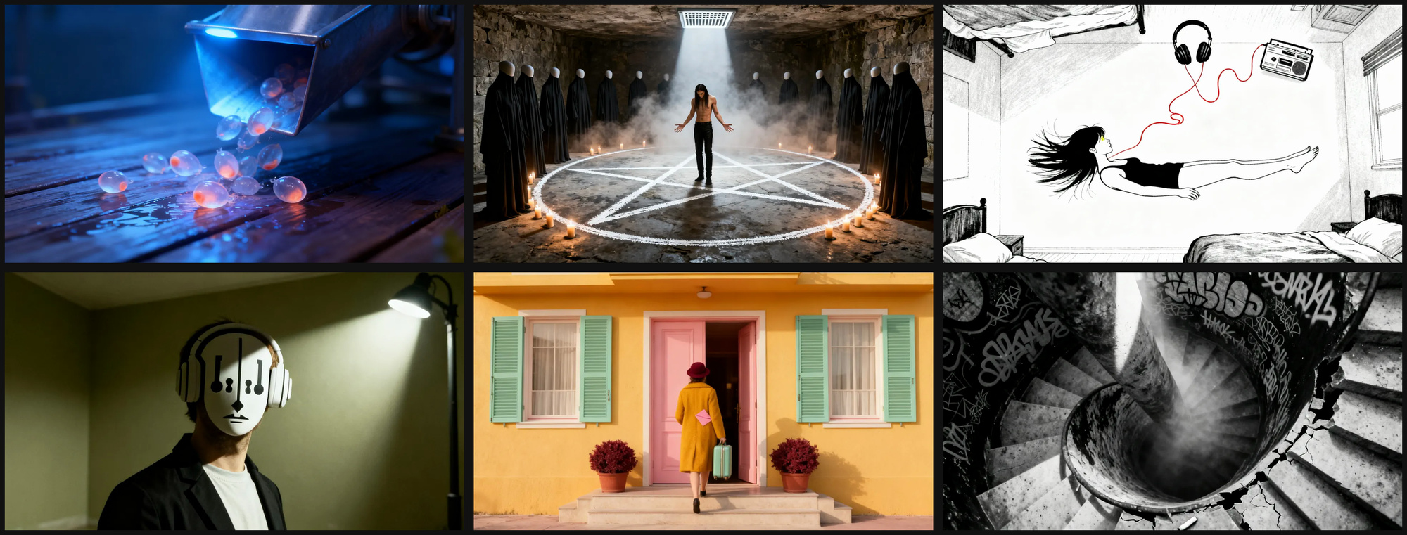 Six frames from films made with the generator, in six different styles