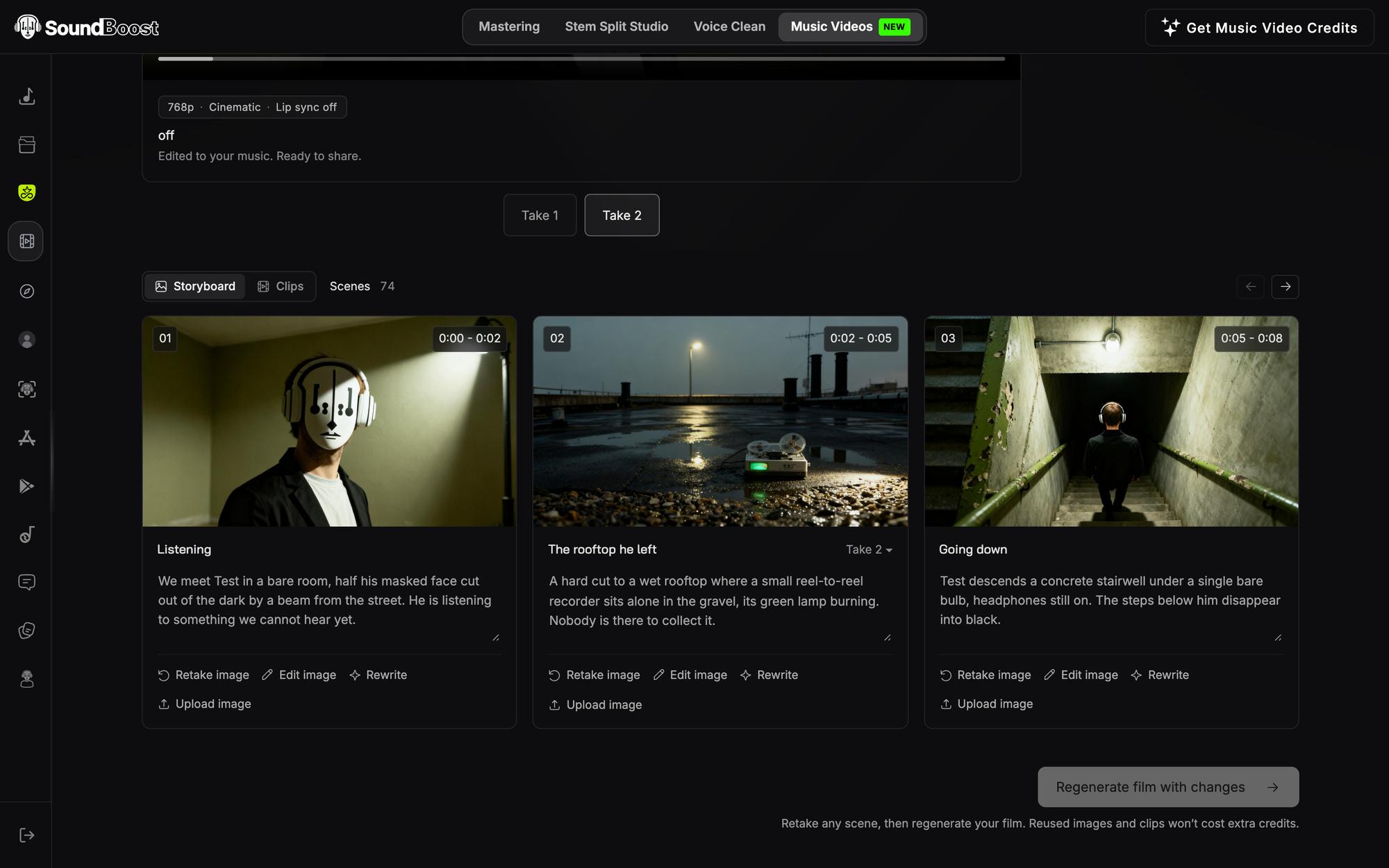 The storyboard strip of Off: the scene count with left and right arrows above a row of scene cards, each with its frame, story and tools