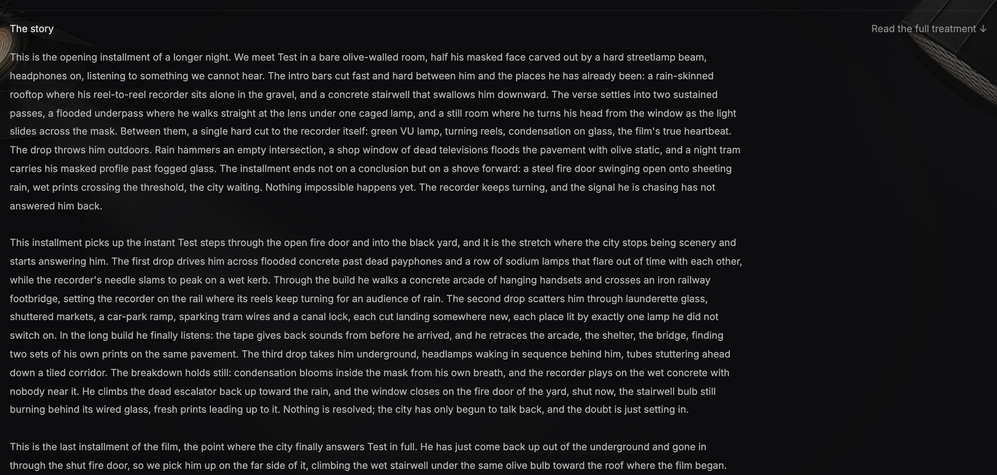 The story panel expanded, showing the full treatment of Off as prose