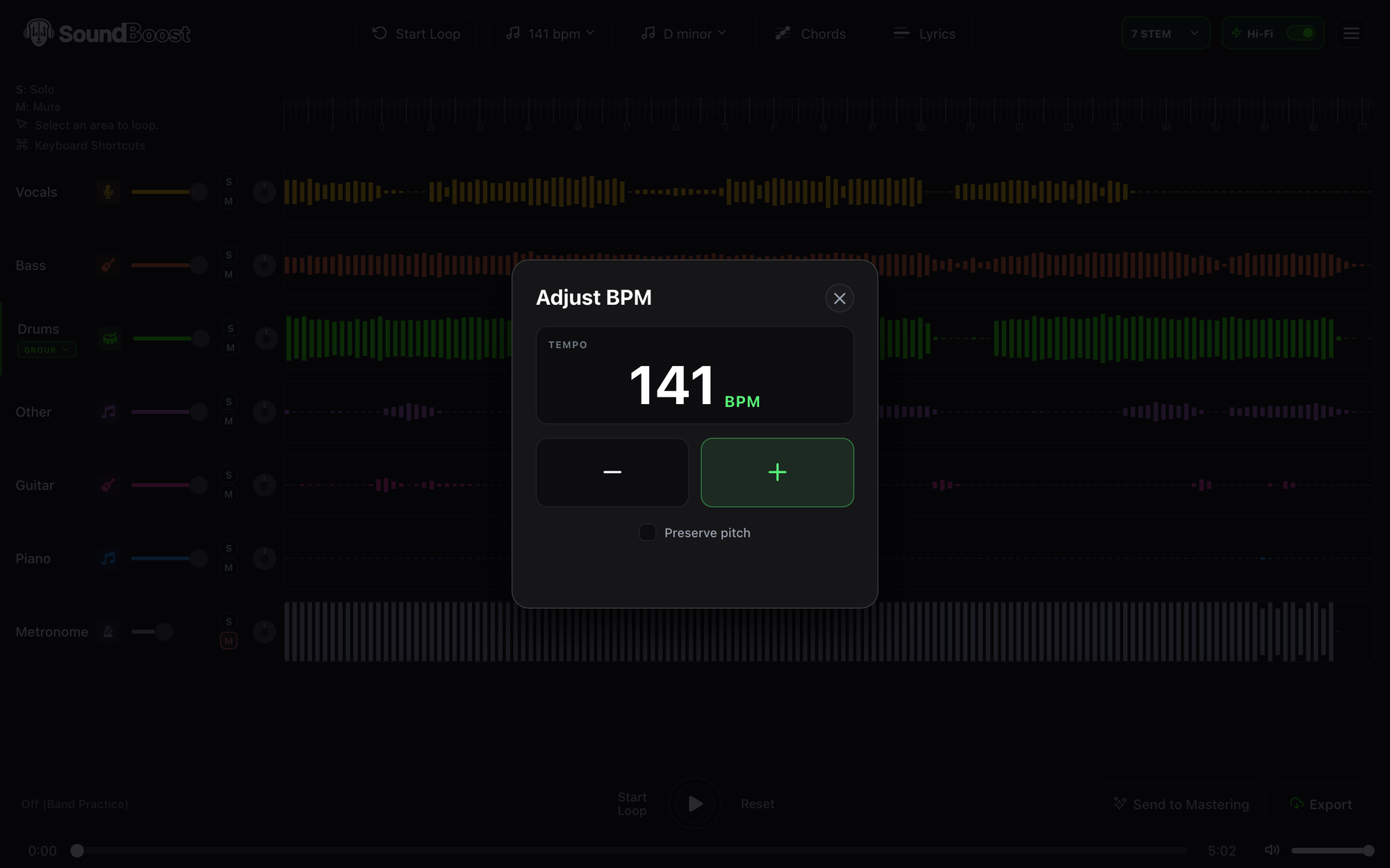 The Adjust BPM dialog with the detected tempo, minus and plus buttons and a Preserve pitch checkbox