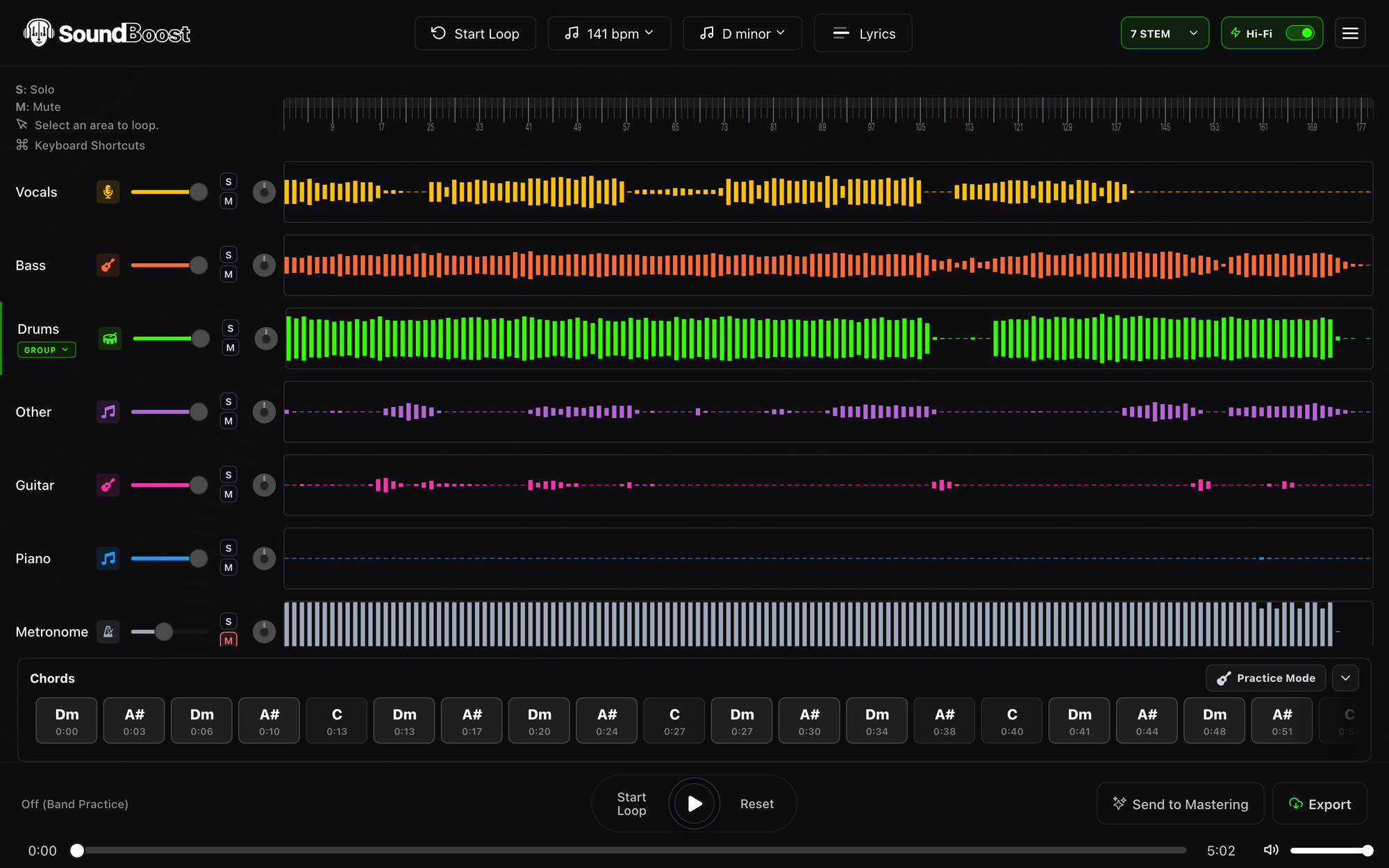 The Chords panel showing a timeline of chord names with timestamps under the mixer