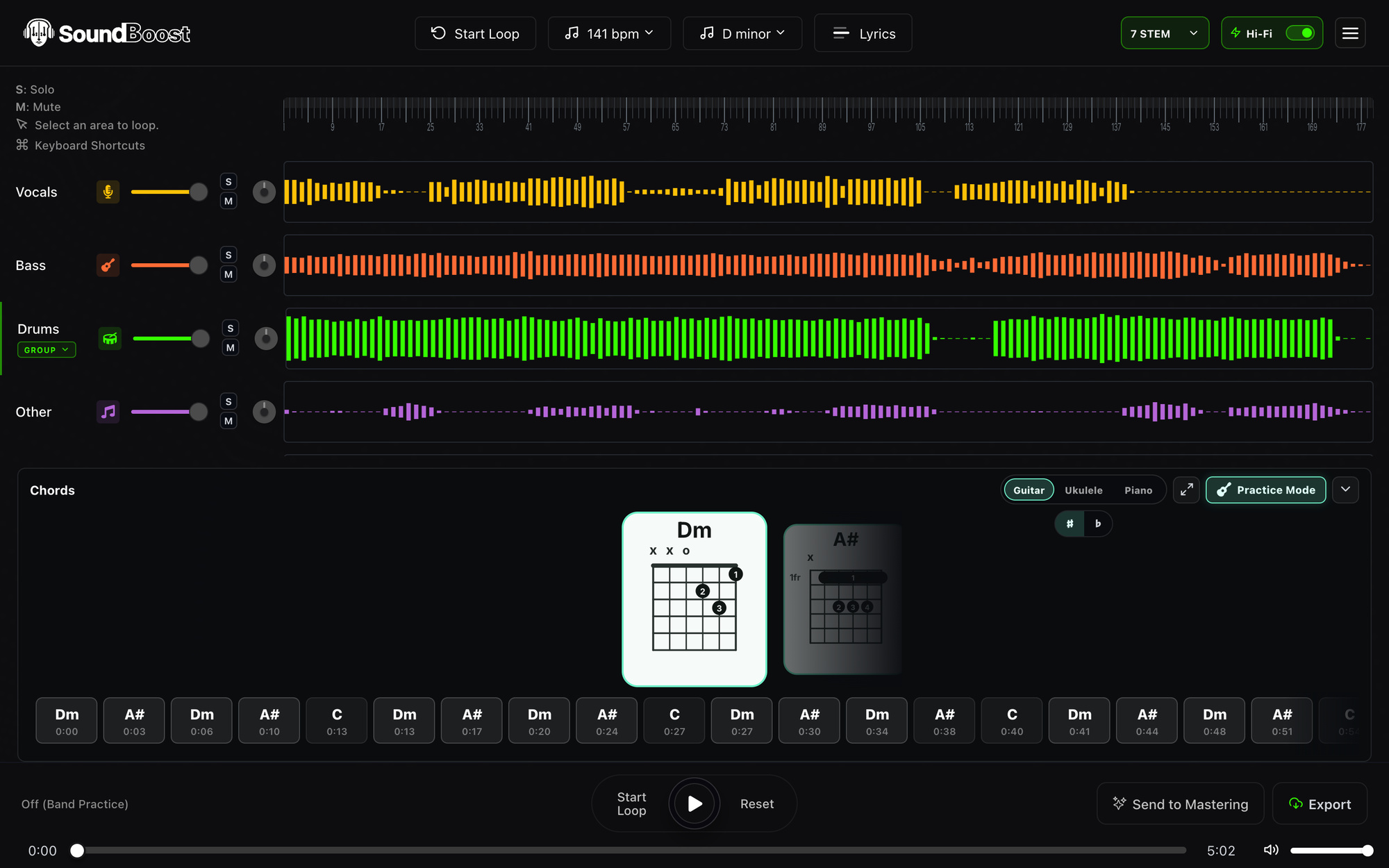 Practice Mode showing the current chord as a guitar diagram with the next chord dimmed beside it