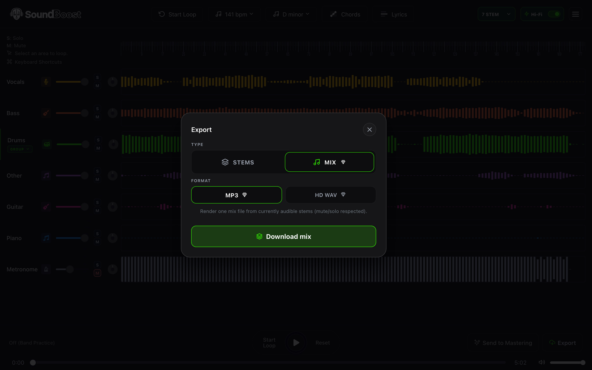 The Export dialog on the Mix tab explaining that one mix file is rendered from the currently audible stems