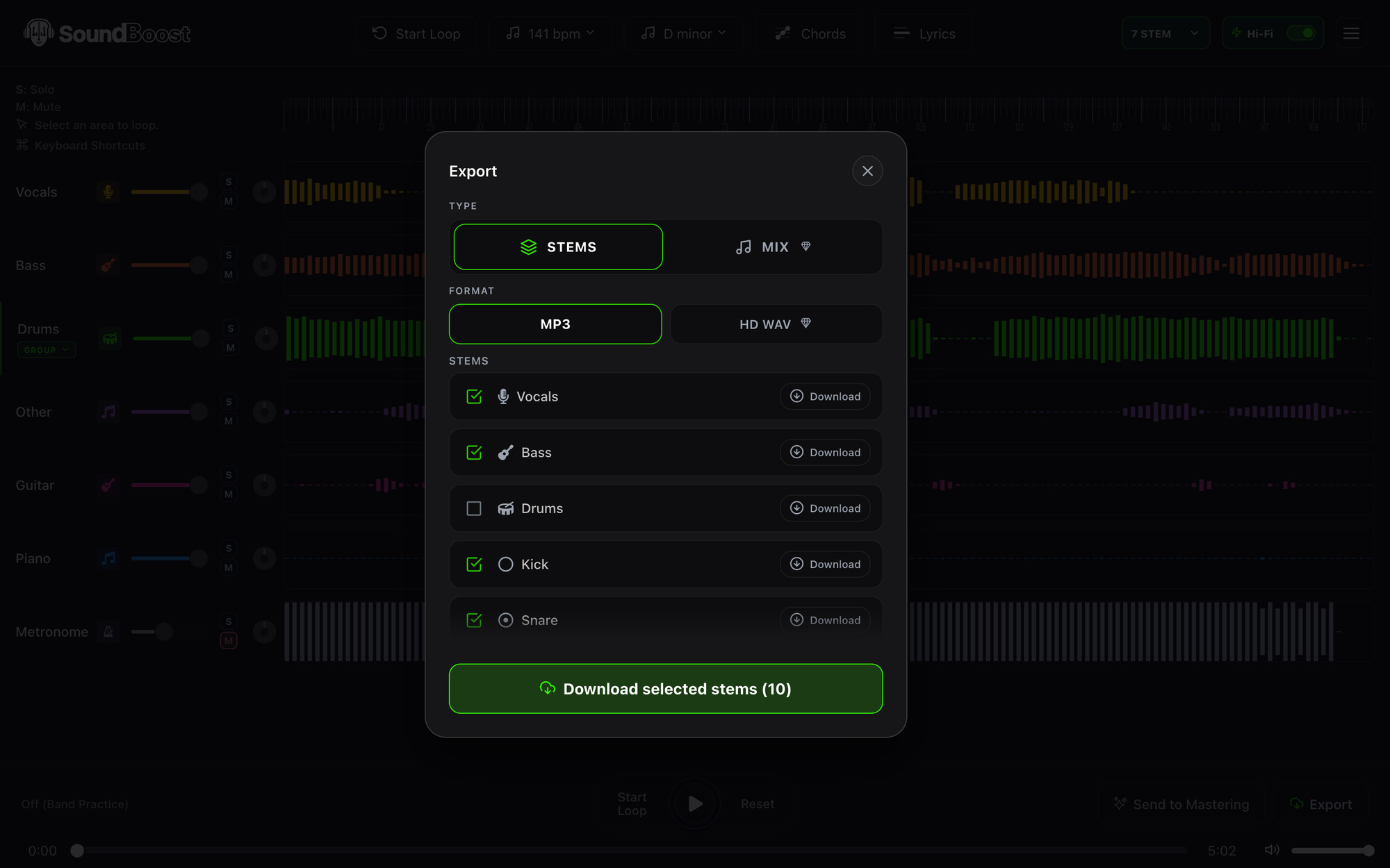 The Export dialog on the Stems tab with MP3 and HD WAV formats and a checklist of stems each with a Download button
