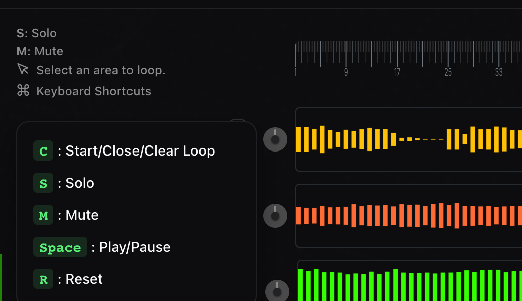 The keyboard shortcuts popover: C for loop, S for solo, M for mute, Space for play/pause, R for reset