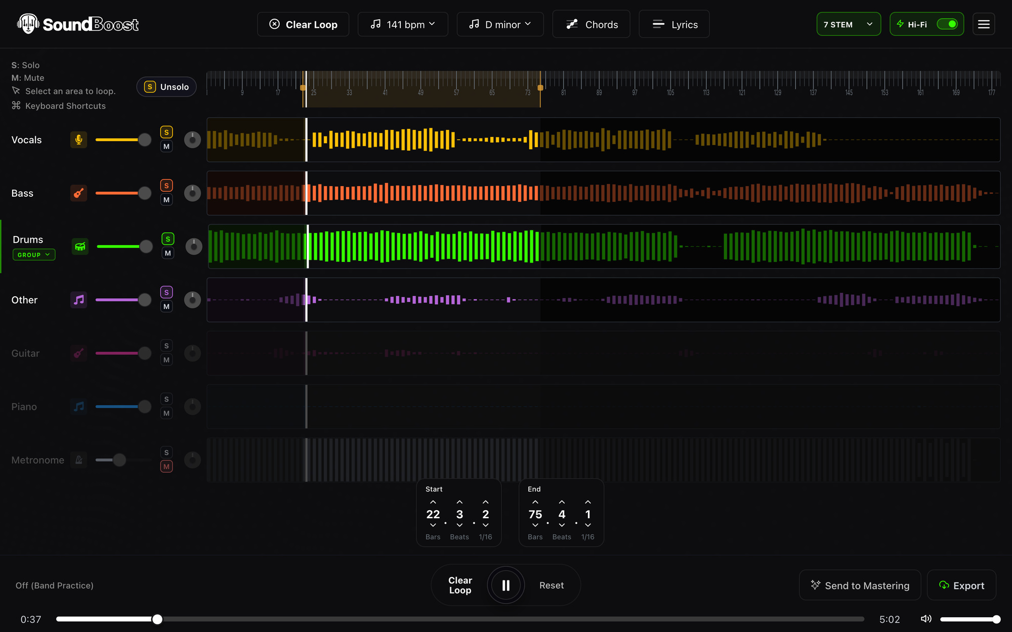 A loop region selected on the Studio timeline