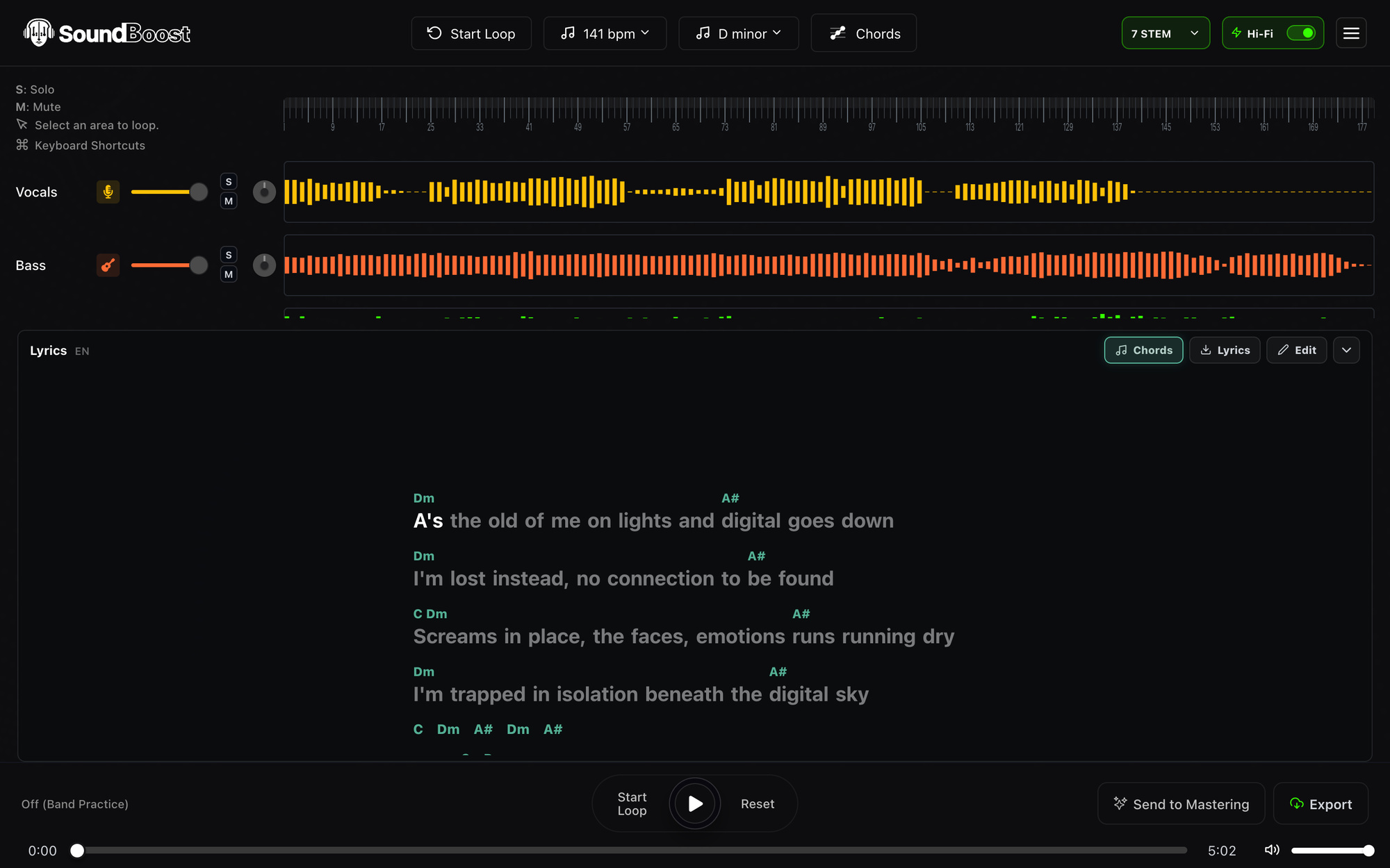 The Lyrics panel with chord names shown above the lyric lines